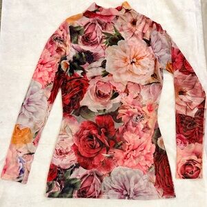 Fashion Nova Pink Floral Mesh Long Sleeve Top | Sheer Y2K Floral Print | Size M